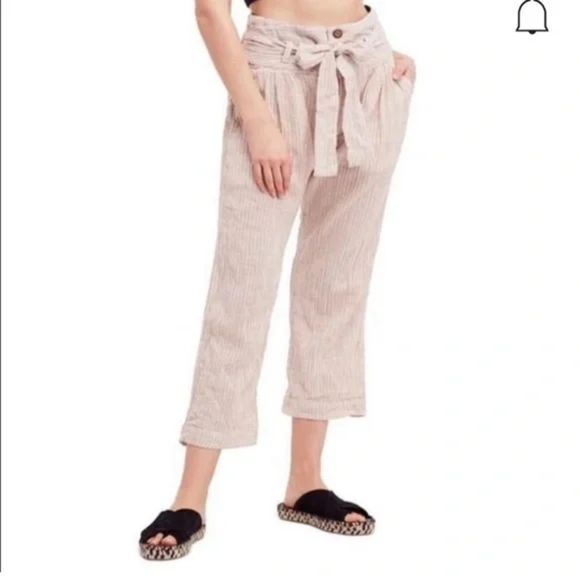Free People orange and white stripe pant. Cute button detail and belt. - Picture 2 of 9